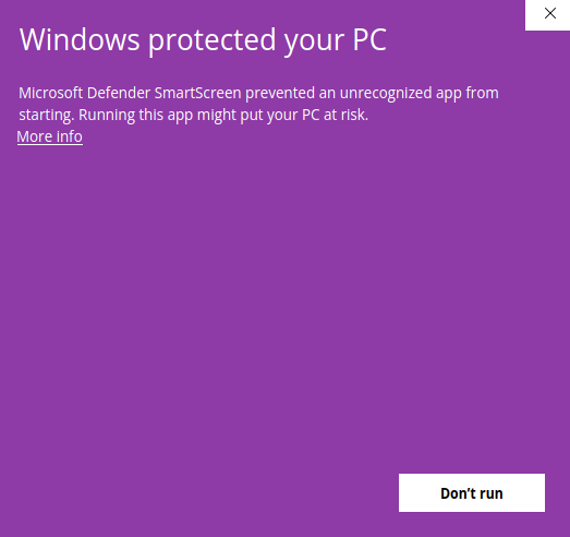 Windows message “Windows protected your PC” with the “More info” link