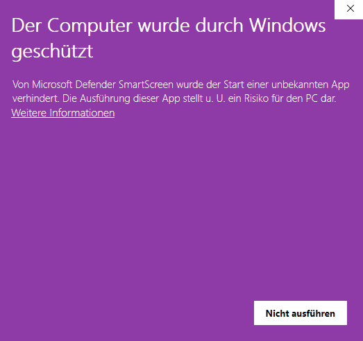 Windows-Meldung „Der Computer wurde durch Windows geschützt“ mit dem Link „Weitere Informationen“
